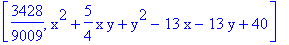 [3428/9009, x^2+5/4*x*y+y^2-13*x-13*y+40]